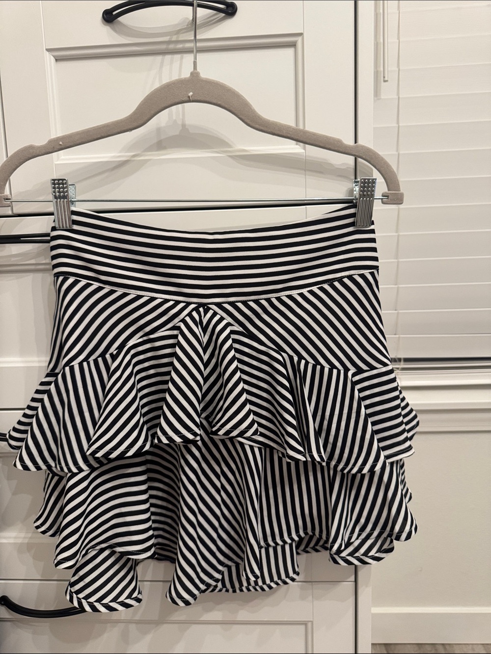 Express Black and White Striped Tiered Ruffle Skater Skirt